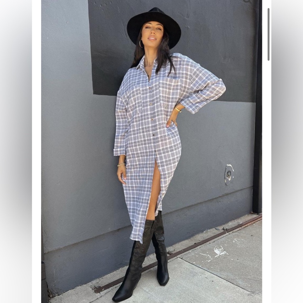 Show Me Your Mumu Leo Button Down Tunic Windowpane Plaid Large Pockets - Picture 2 of 9